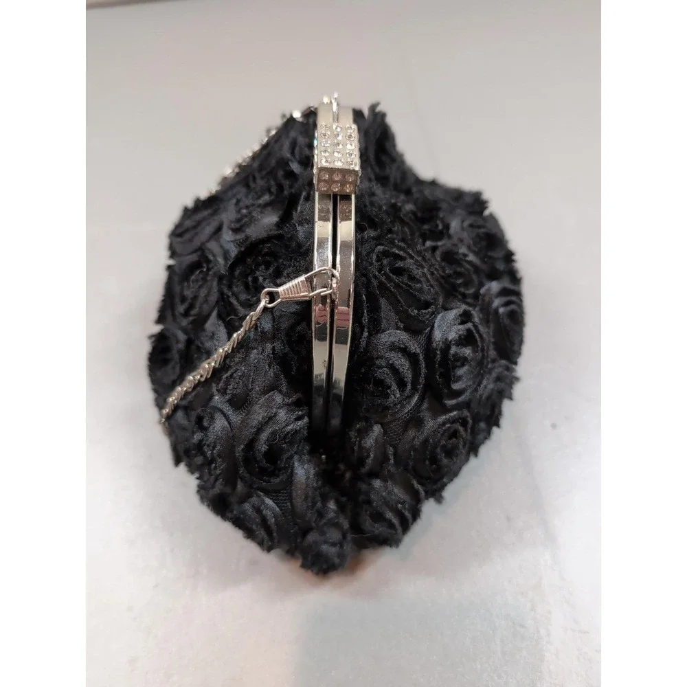 Black Rosette Evening Clutch Purse Floral Rhinestone Wedding Prom Formal Bag